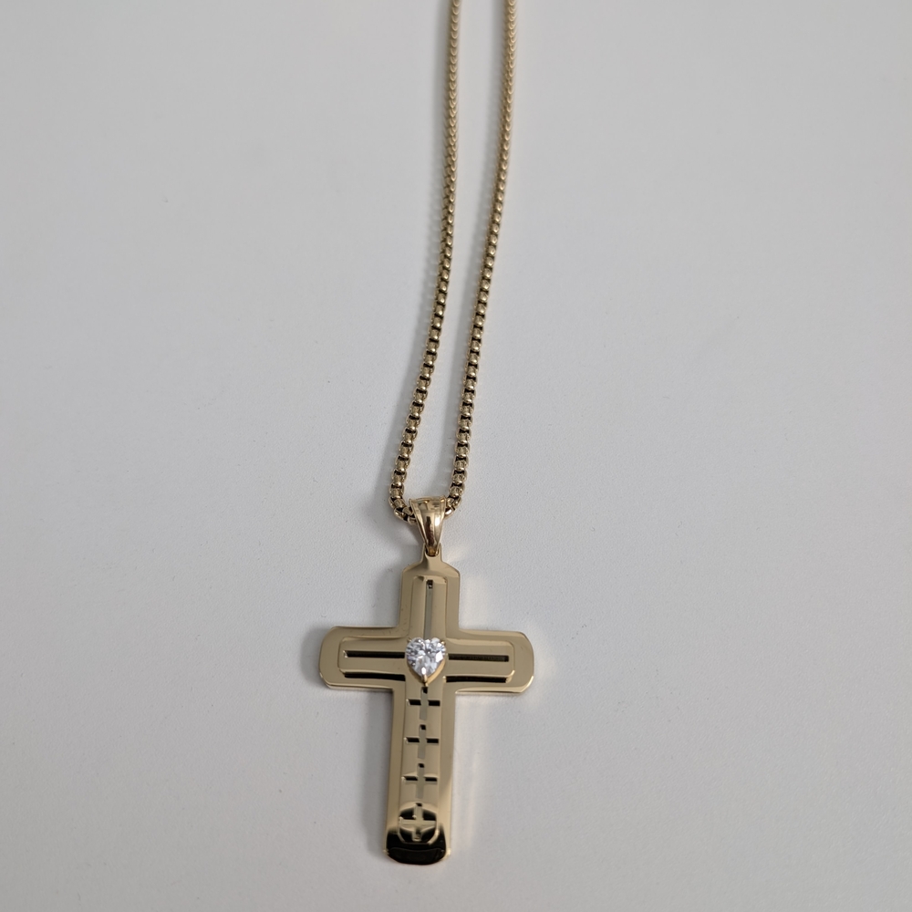 Gold Cross Pendant Necklace with Heart Accent
